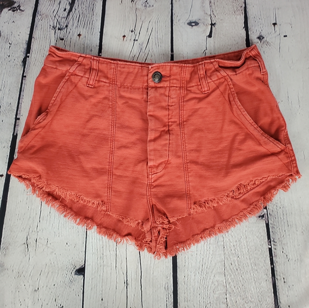 Free People Coral Orange Frayed Hem Denim Shorts